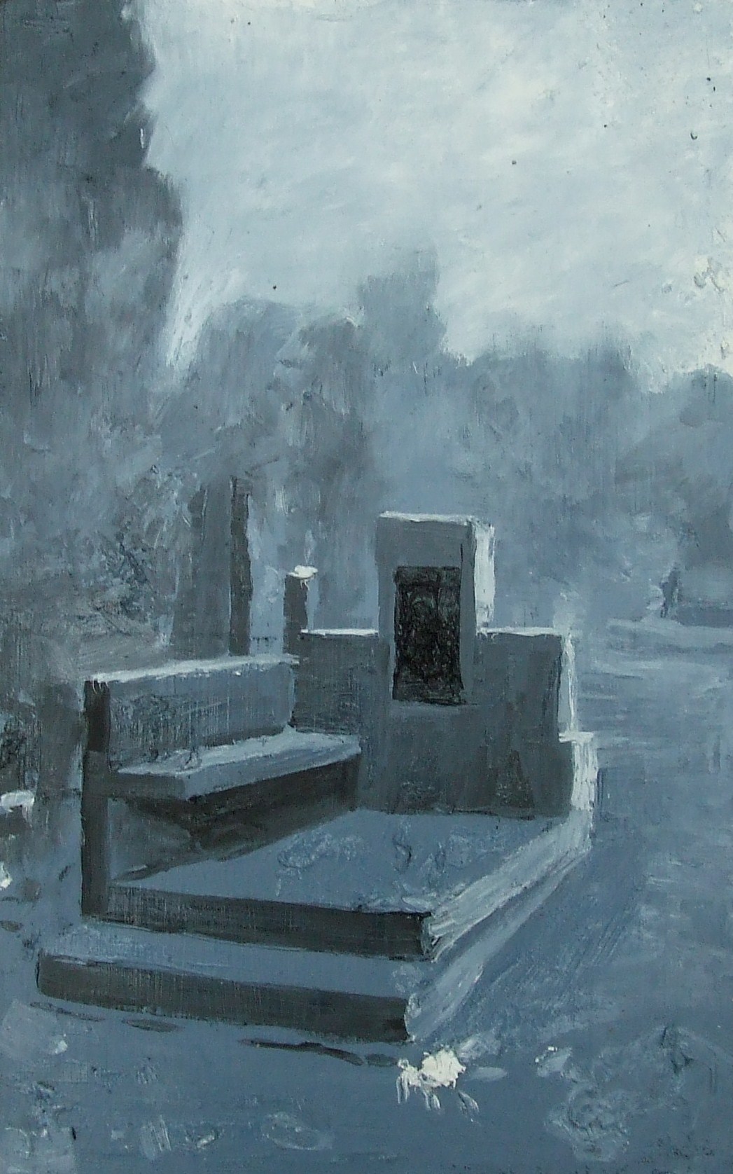 Hrob s lavičkou, 2011, olej na dřevěné desce, 40x25cm